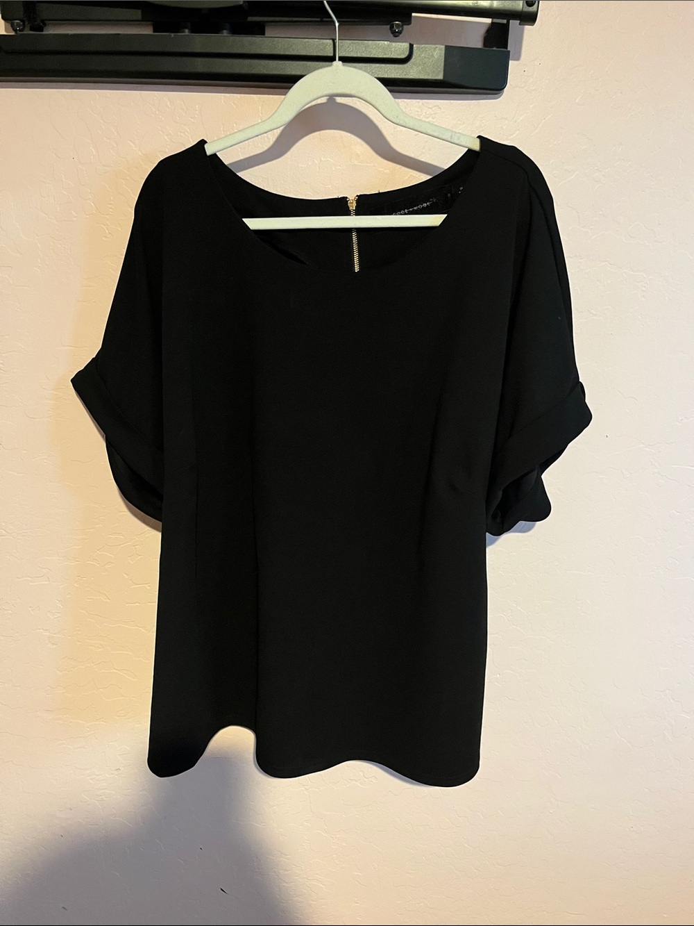 Women's Black Short-Sleeve Blouse with Roll Cuffs